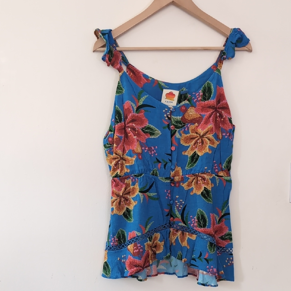Farm Rio For Anthropologie, Ruffled Floral Tank , Blue, Medium